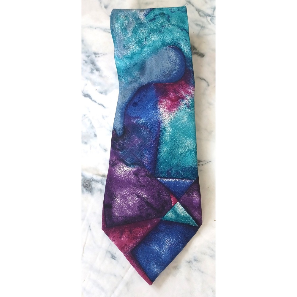 Bachrach Silk Necktie Men Abstract Geometric Made in Italy Jewel Tone Vtg 90s